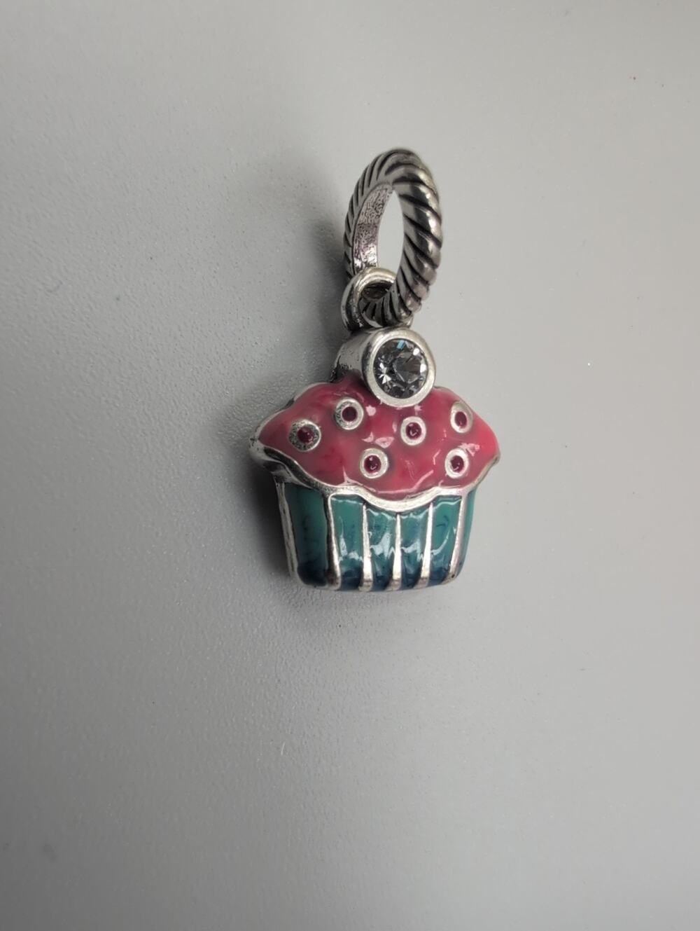 Brighton Cupcake Charm Pink Blue Enamel Crystal Dangle Silver Plated